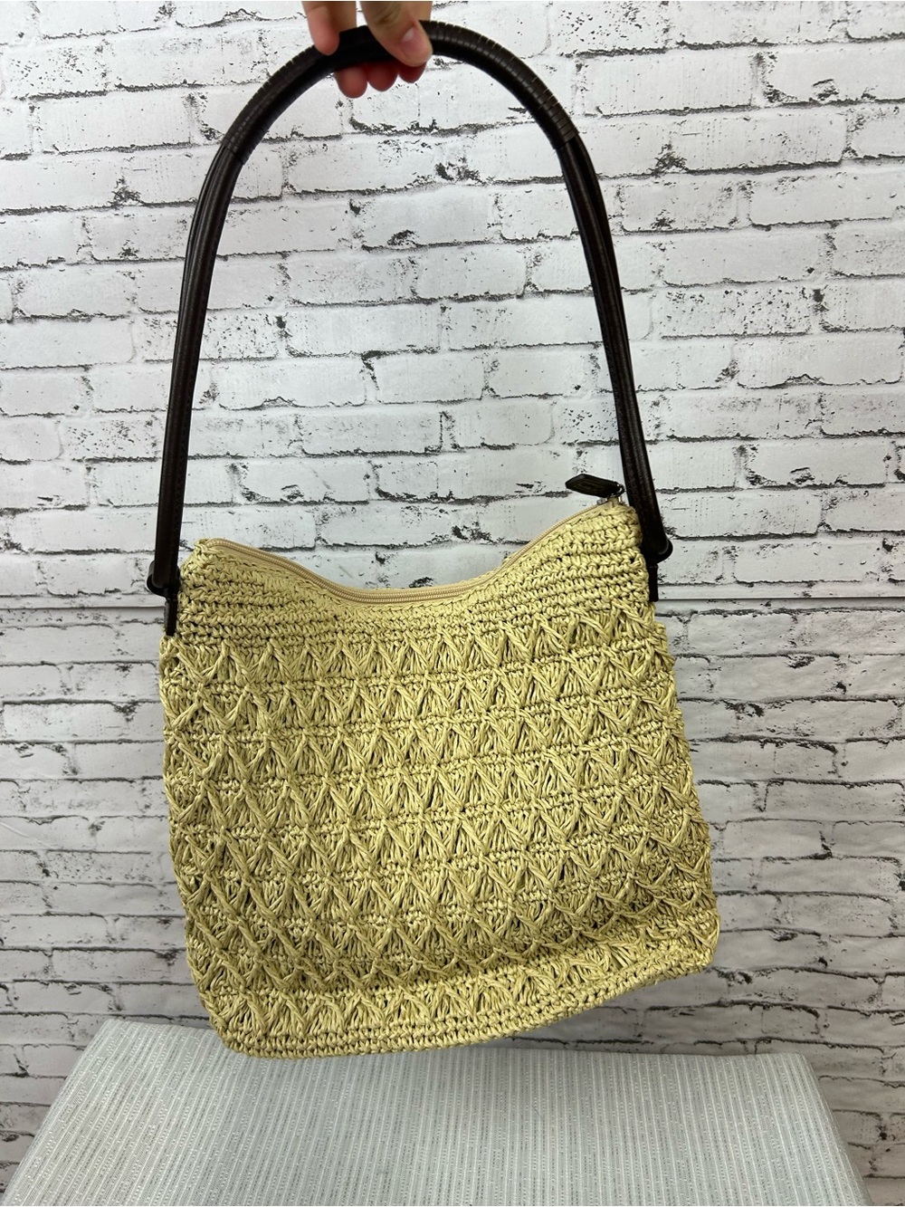 Crochet Genuine Straw Shoulder Bag with Dark Brown Handle